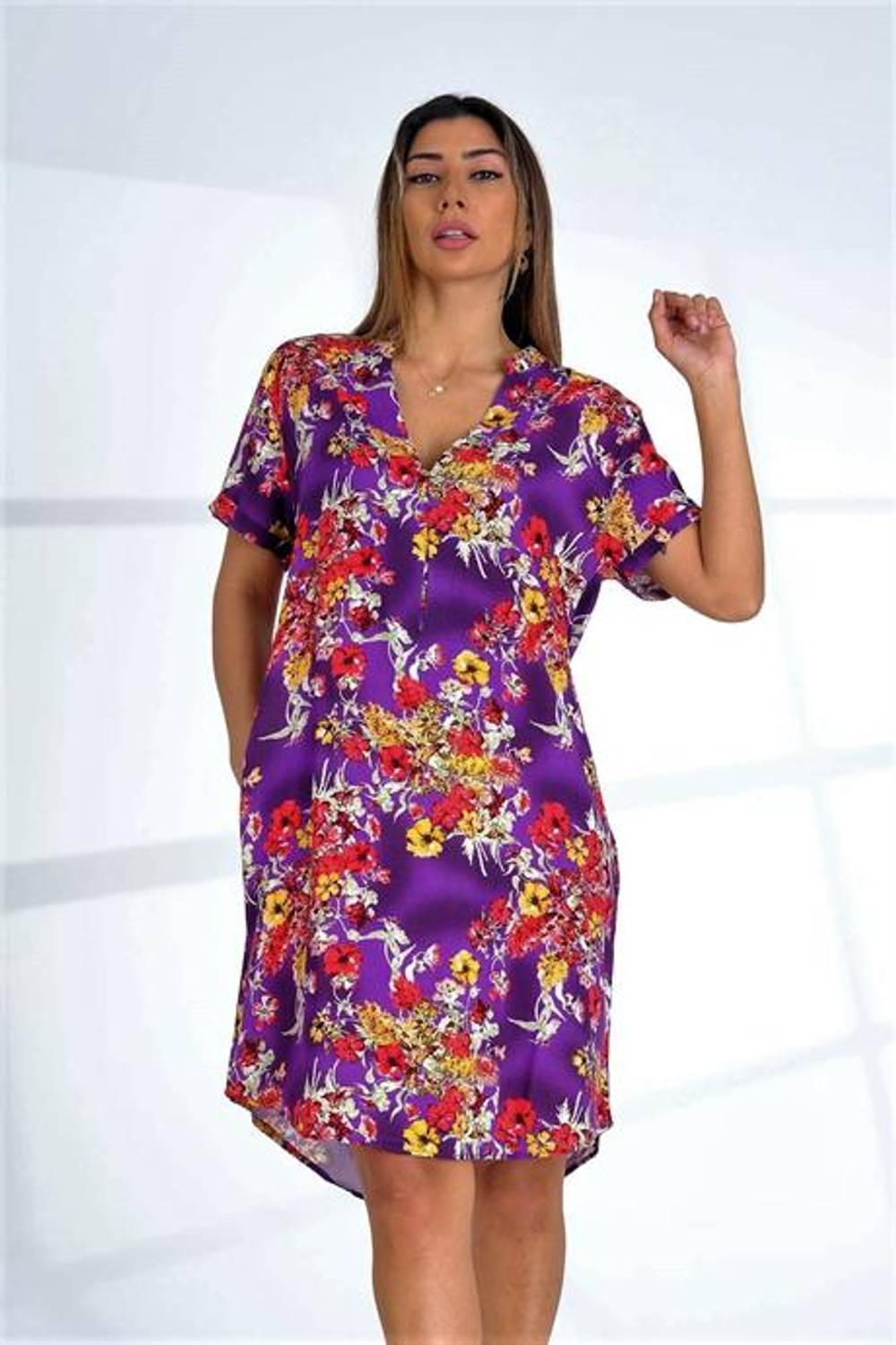 Markano Purple Floral V-Neck Short Sleeve Pocket Knee Length Dress