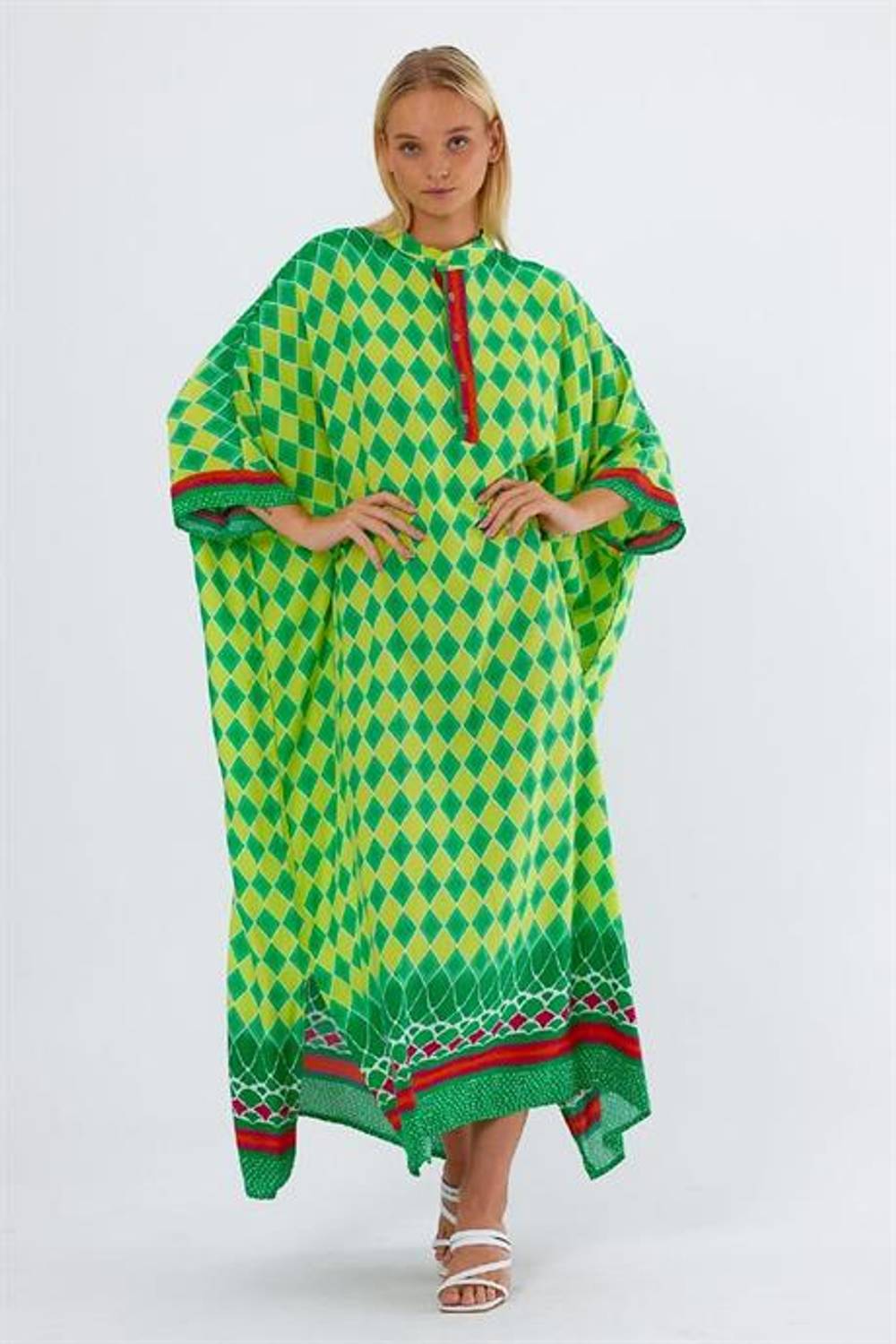 Markano Green Full Collar Diamond Pattern Oversize Long Dress
