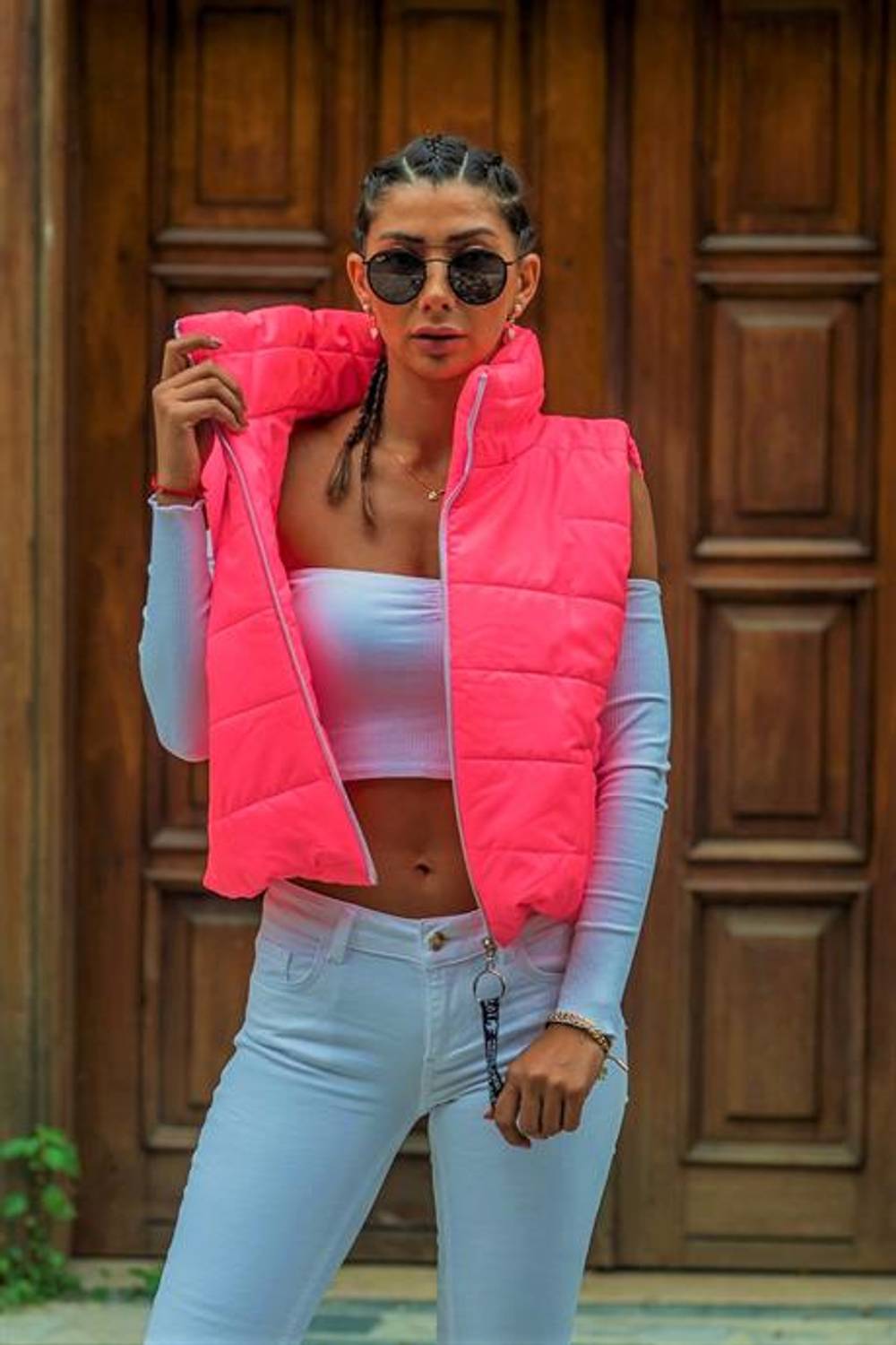 Маркано Розовый Стойкий Воротник Короткий Жилет с Эластичной Талией и Карманами