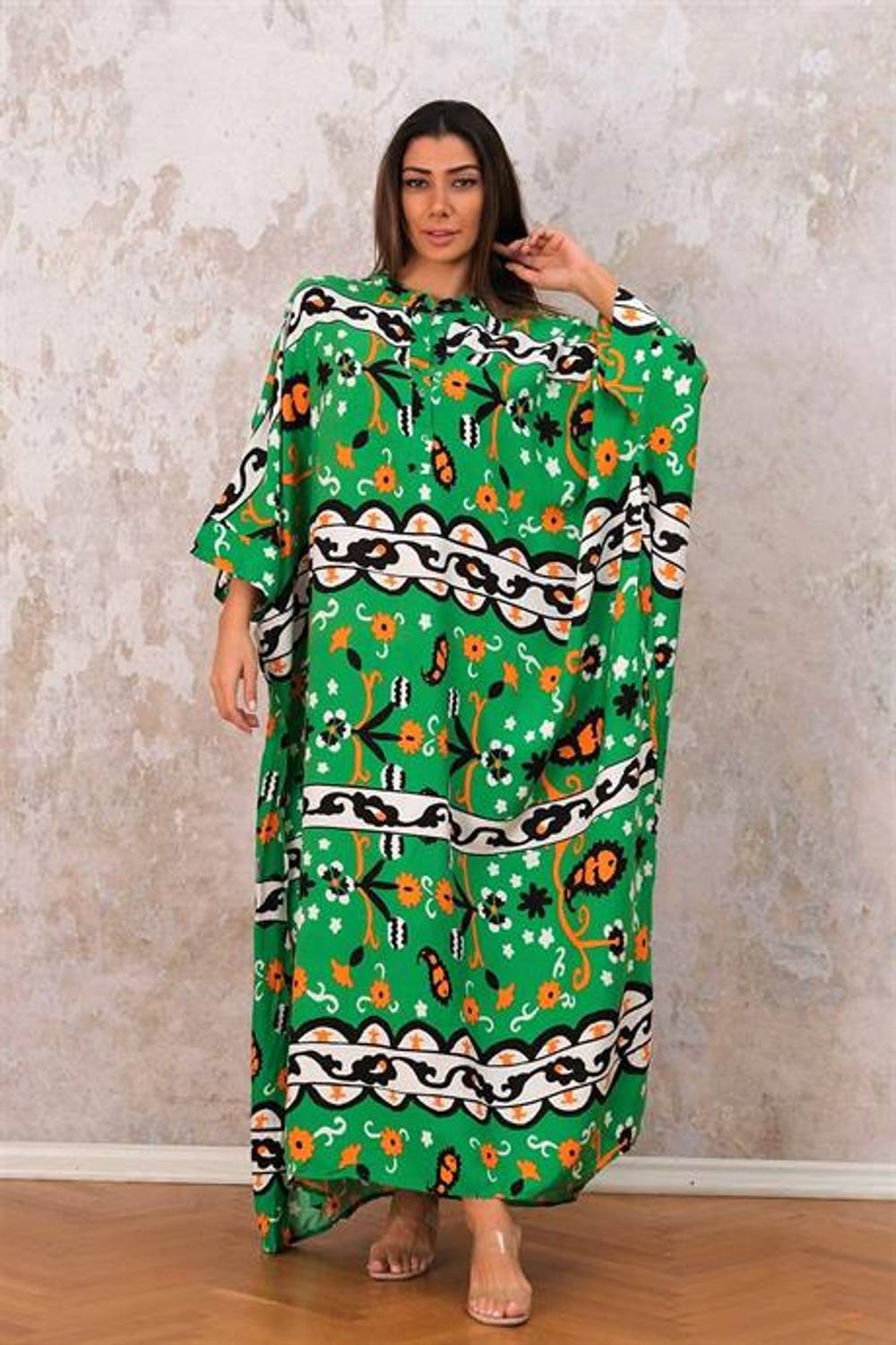 Markano Green High Collar Ethnic Patterned Bat Sleeve Oversize Long Dress