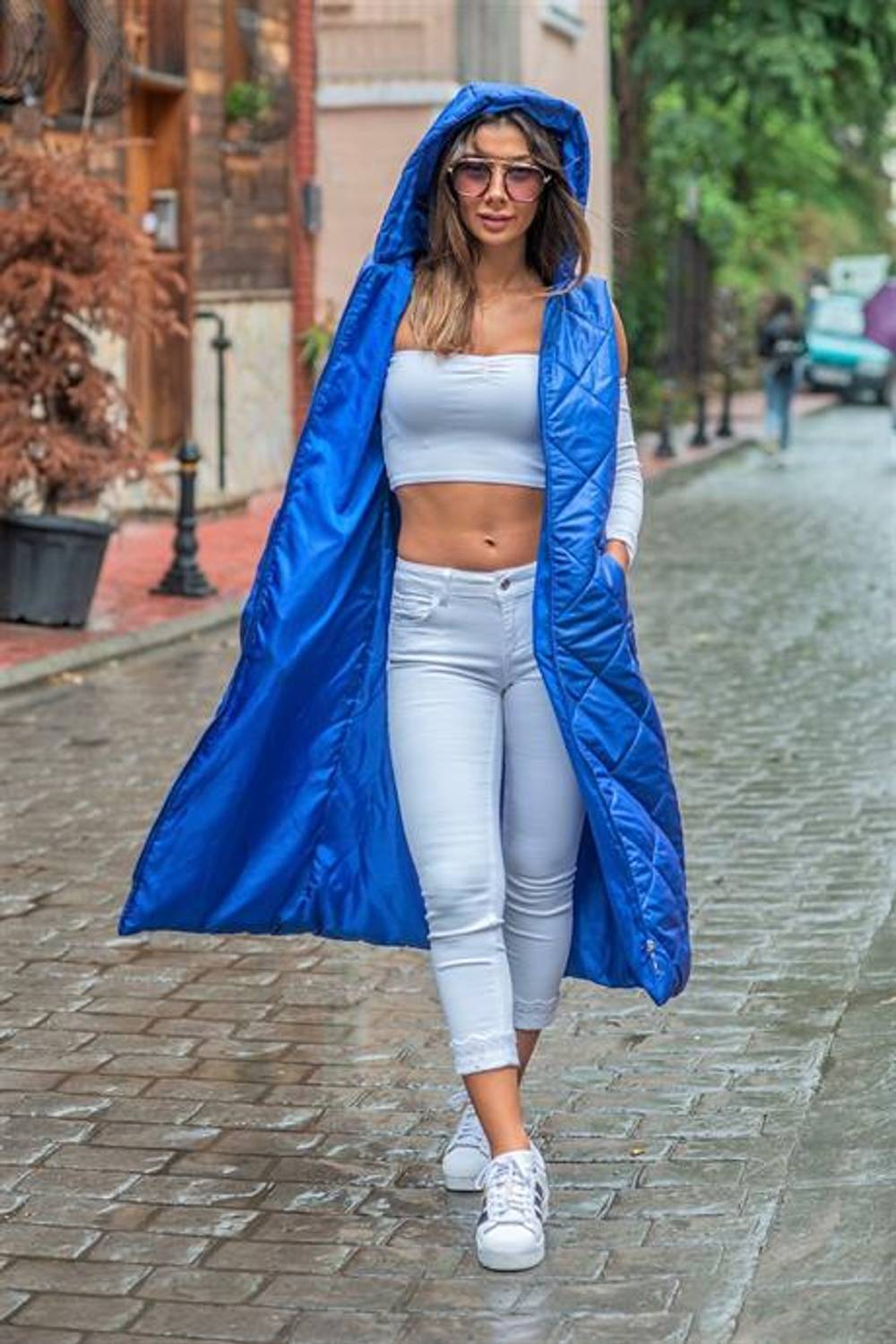 Markano Saks Blue Hooded Loose Pattern Long Puffer Vest with Pockets