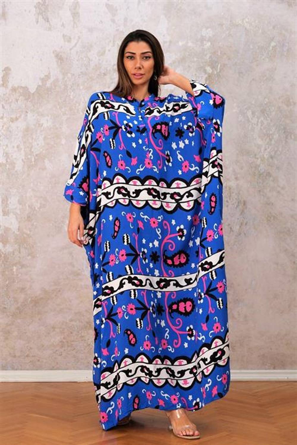 Многослойное платье oversize с этническим узором, обычный размер, цвет: синий, высокий воротник, рукава типа "летучая мышь"
