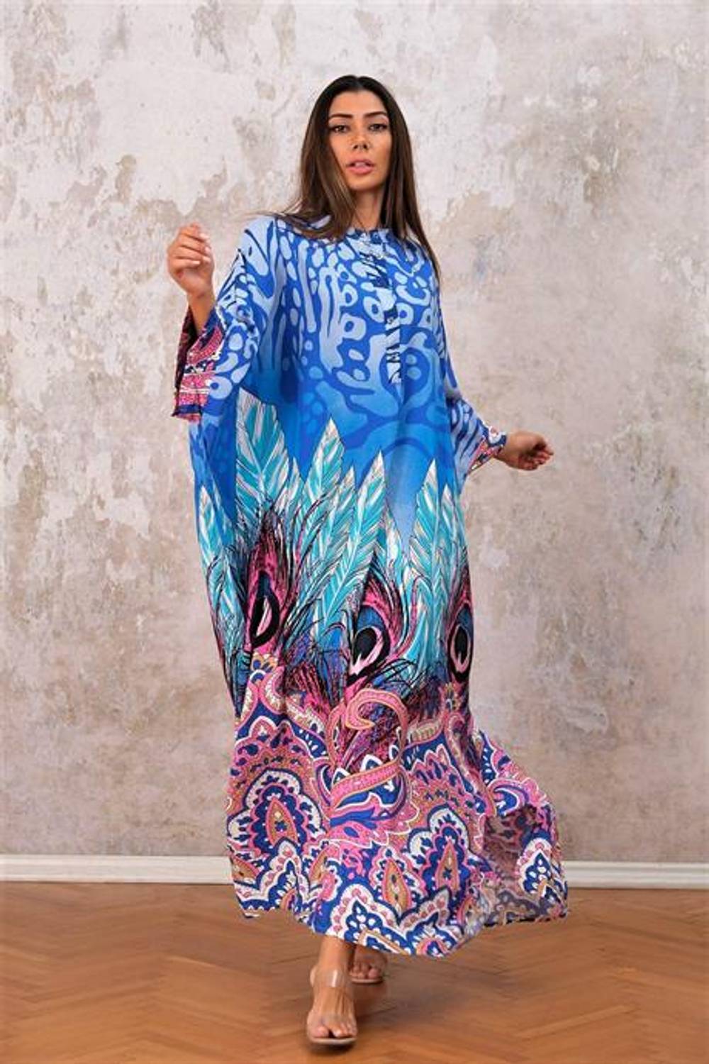 Markano Blue High Collar Patterned Bat Sleeve Oversize Long Dress