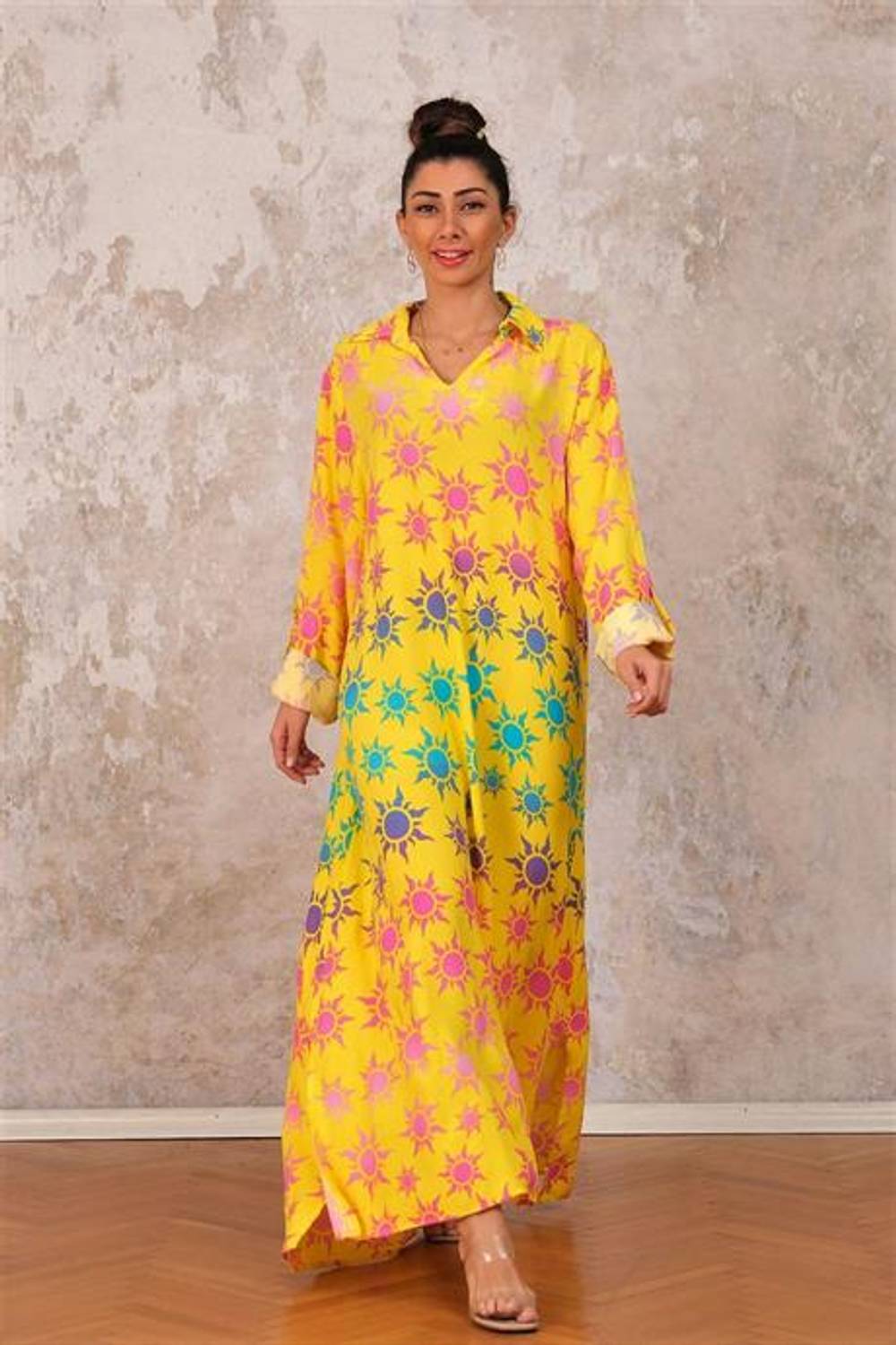 Markano Yellow Sun Patterned Shirt Collar Sleeve Adjustable Oversize Long Dress