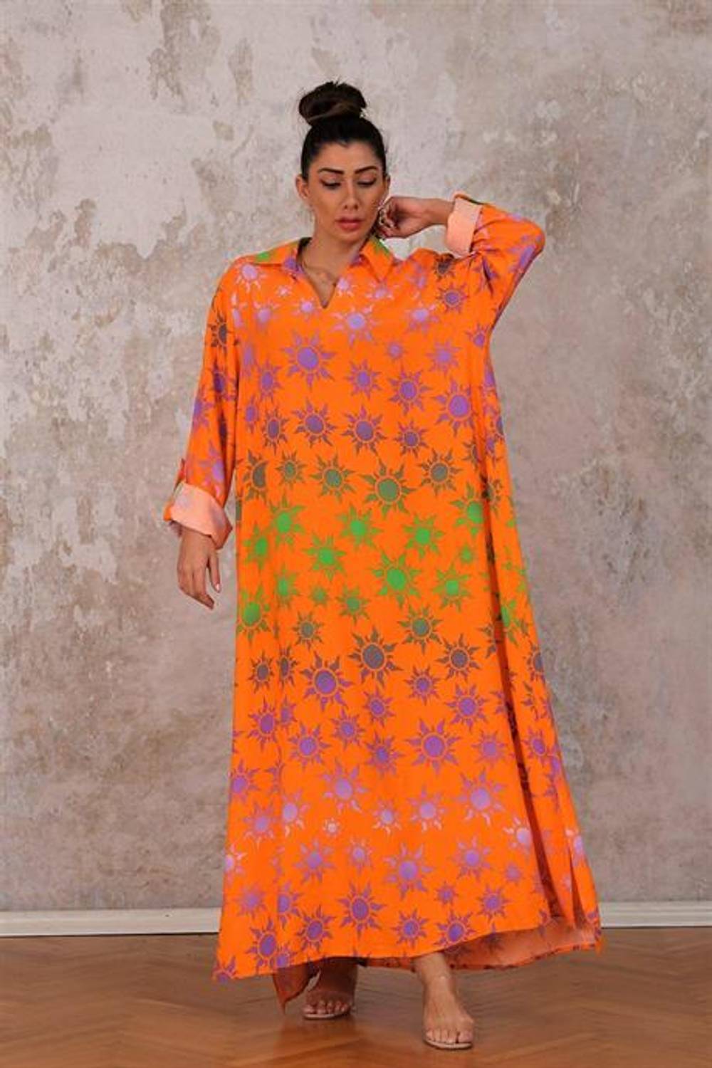 Markano Turuncu Güneş Desenli Gömlek Yaka Kolu Ayarlanabilir Oversize Uzun Elbise 