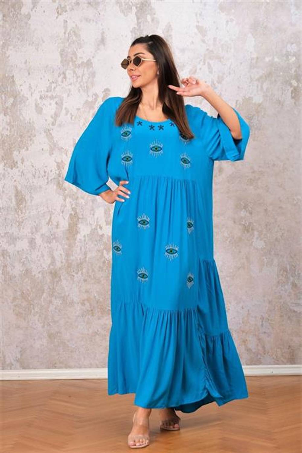 Markano Blue Round Neck Three Quarter Sleeve Front Eye Embroidery Wide Cut Long Dress
