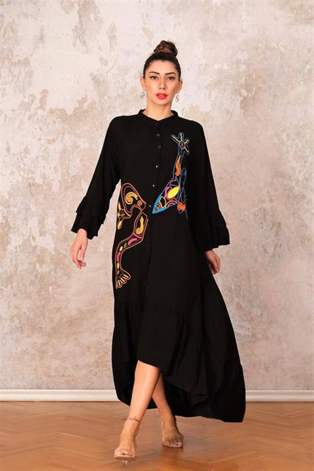 Markano Black High Collar, Ruffled Sleeves and Hem, Pockets, Embroidered Oversize Long Dress