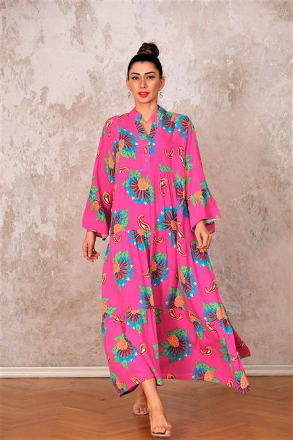 Markano Pink Sleeve Flounce Skirt Layered Floral Long Dress