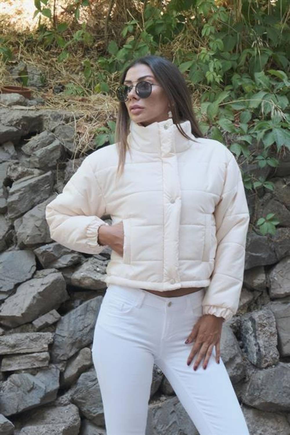 Markano Beige Stand Collar Snap Fastener Short Puffer Coat