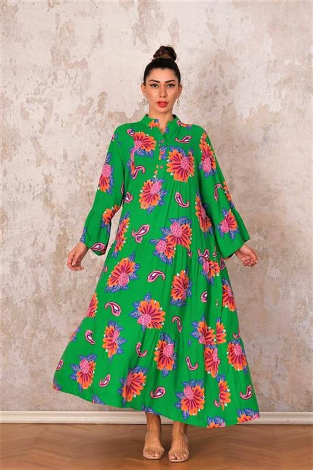 Markano Yeşil Kolu Volanlı Eteği Kat Kat Çiçekli Uzun Elbise