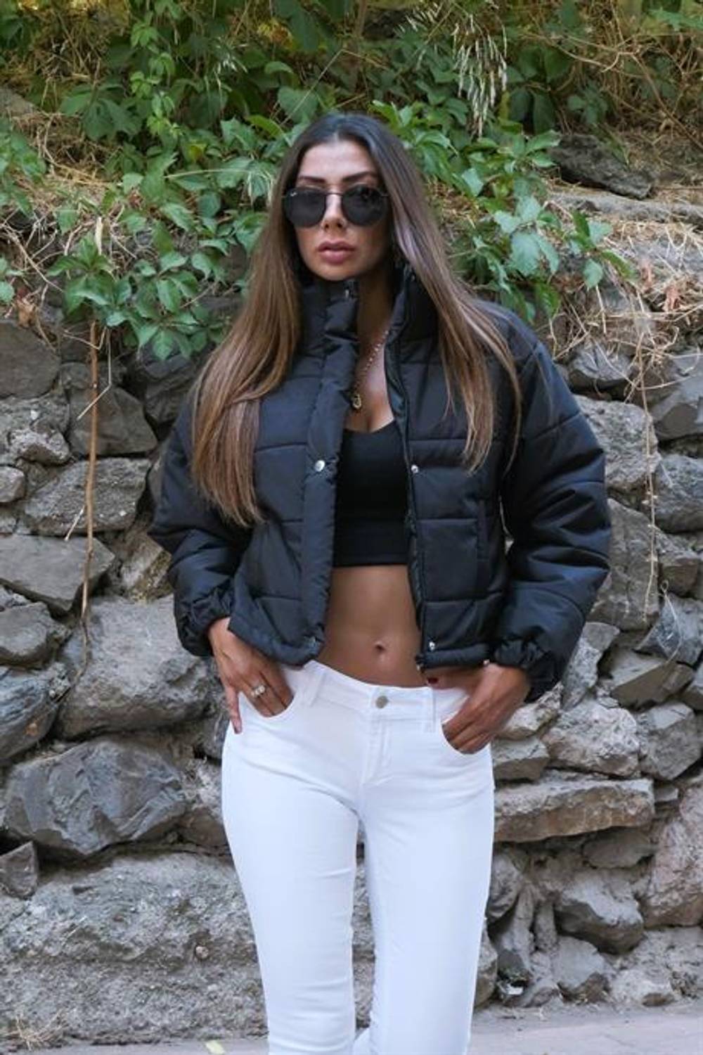 Markano Black Stand-up Collar Snap-Flipper Short Puffer Coat