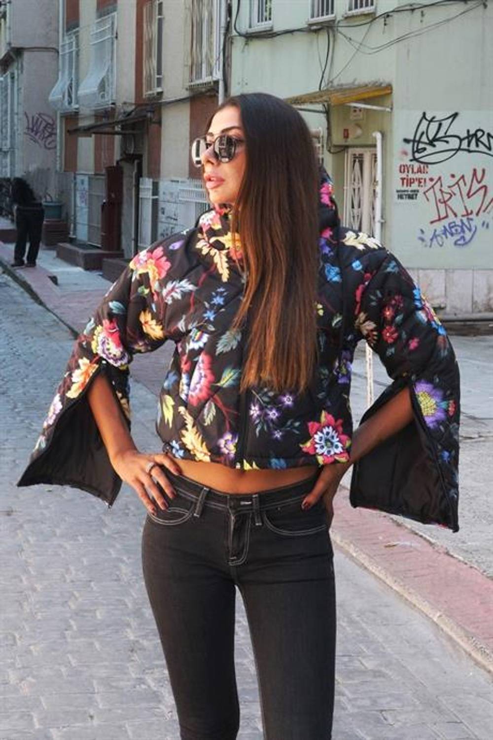 Markano Black Floral Hooded Short Puffer Coat with Zippered Sleeves