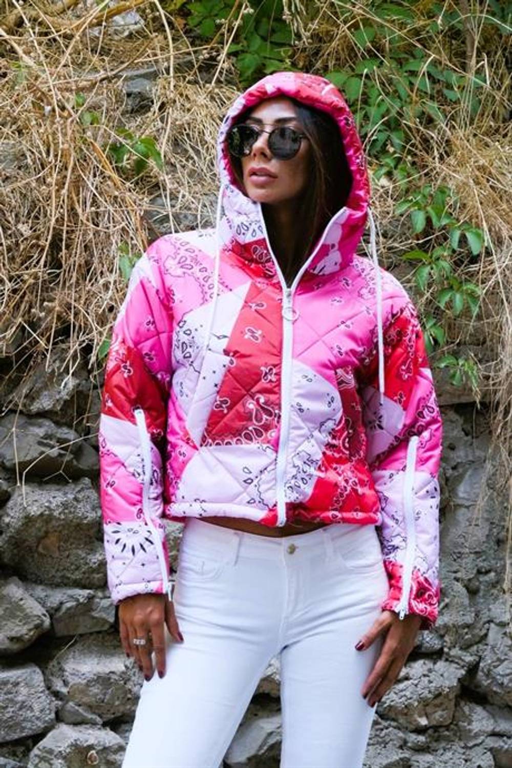 Markano Pink Patterned Hooded Short Puffer Coat with Zippered Sleeves