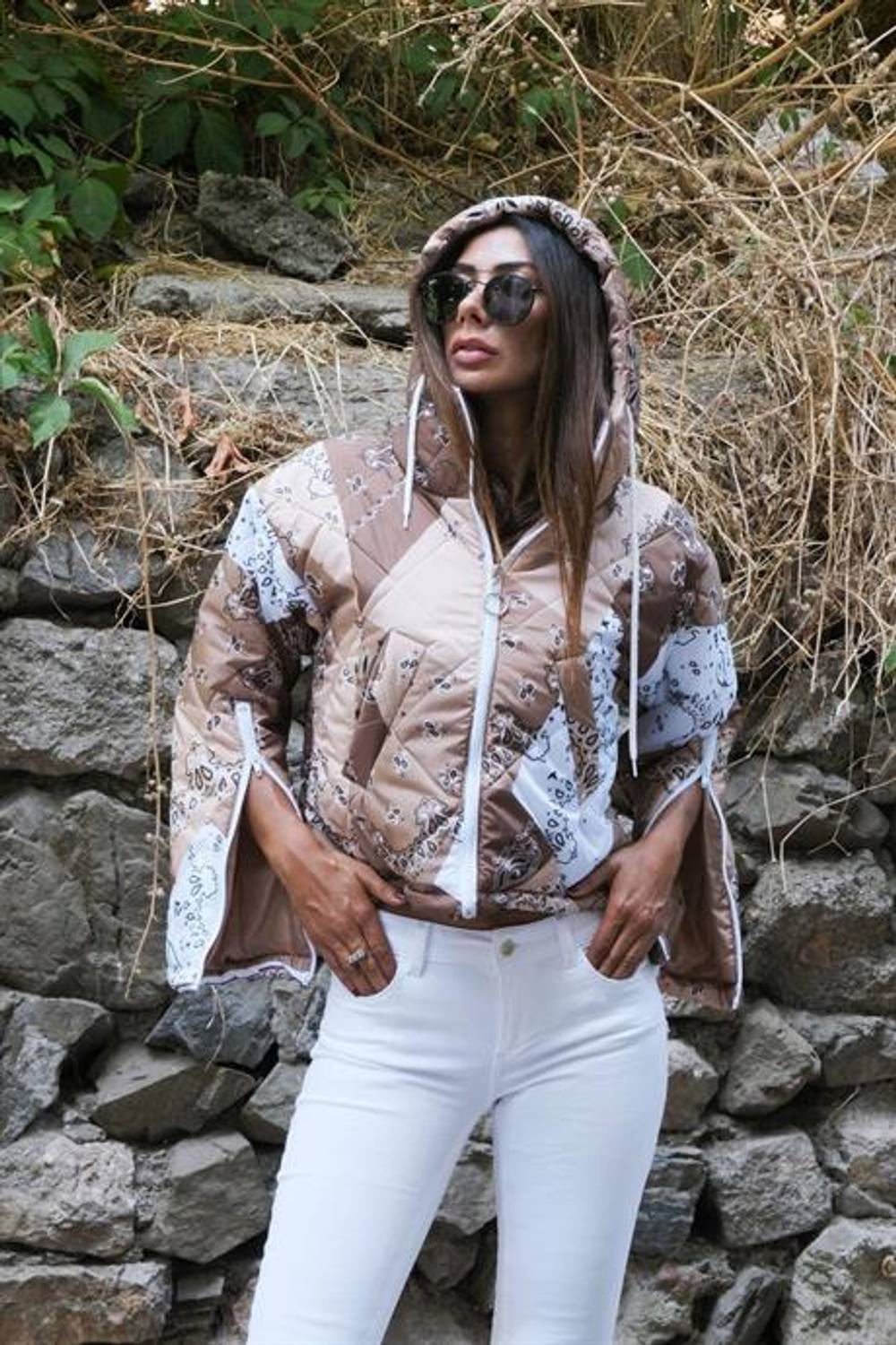 Markano Beige Patterned Hooded Short Puffer Coat with Zippered Sleeves