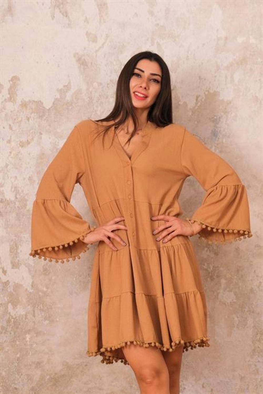 Markano Dark Beige V-Neck Front Buttoned Sleeves Flounce Pompom Short Dress