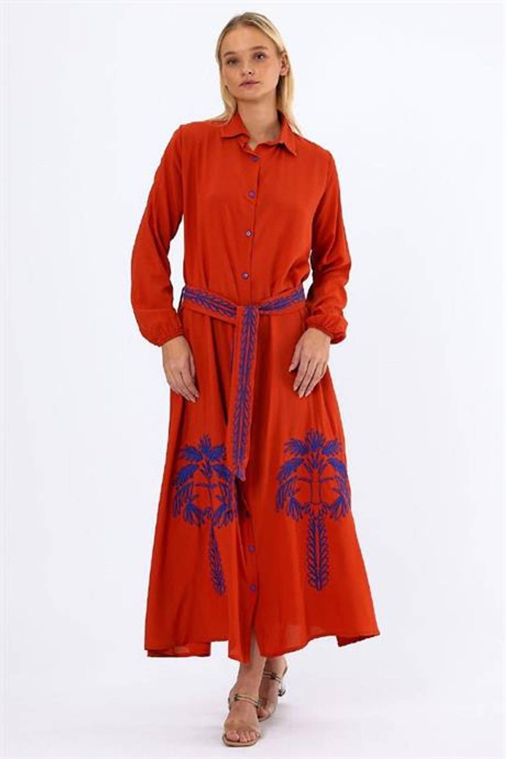Markano Tile Tile Shirt Collar Skirt with Embroidered Belt Long Shirt Dress