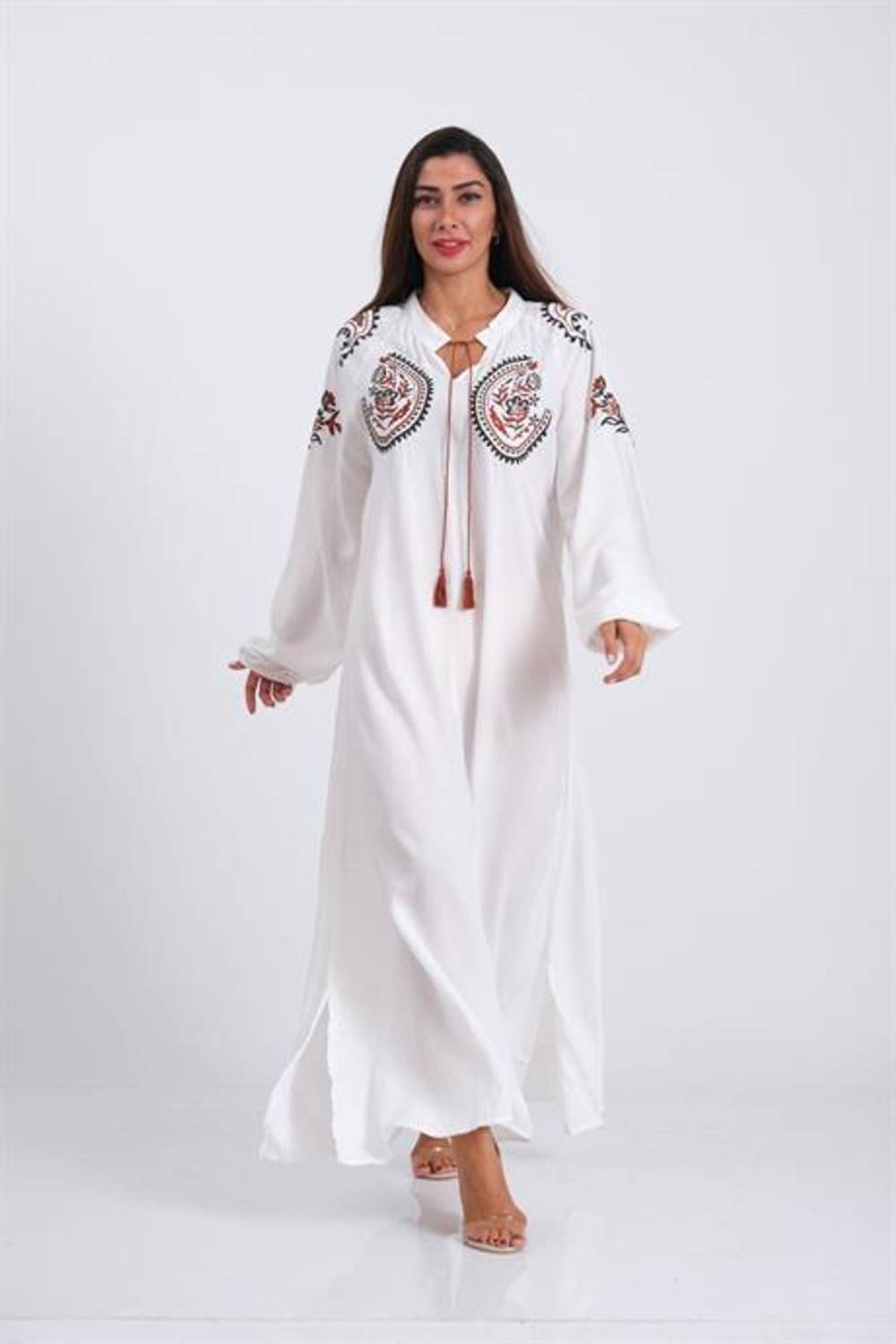 Markano White Chest and Sleeves Embroidered Tassel Balloon Sleeve Long Dress