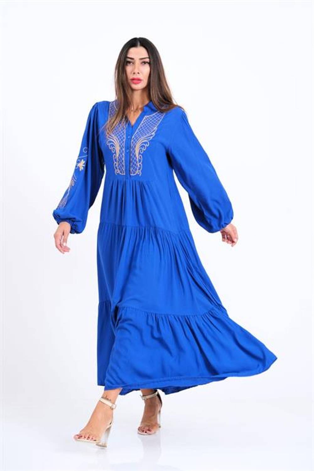 Markano Saks Mavi Önü ve Kolları Nakışlı Balon Kol Eteği Kat Kat Uzun Elbise