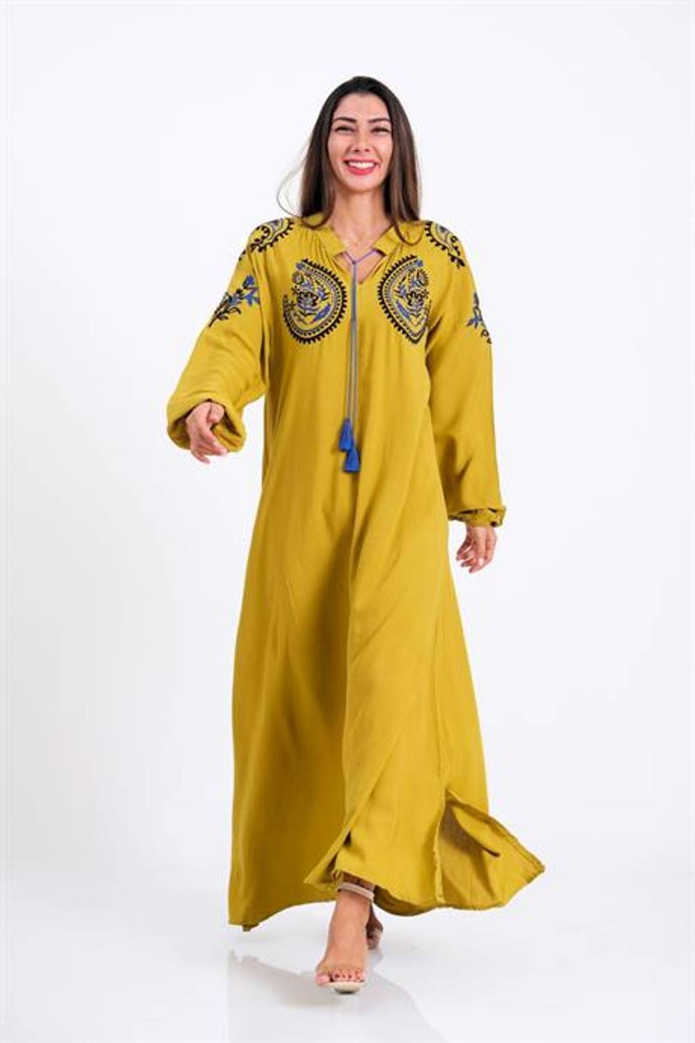 Markano Mustard Color Embroidered Tassel Balloon Sleeve Long Dress on Chest and Sleeves