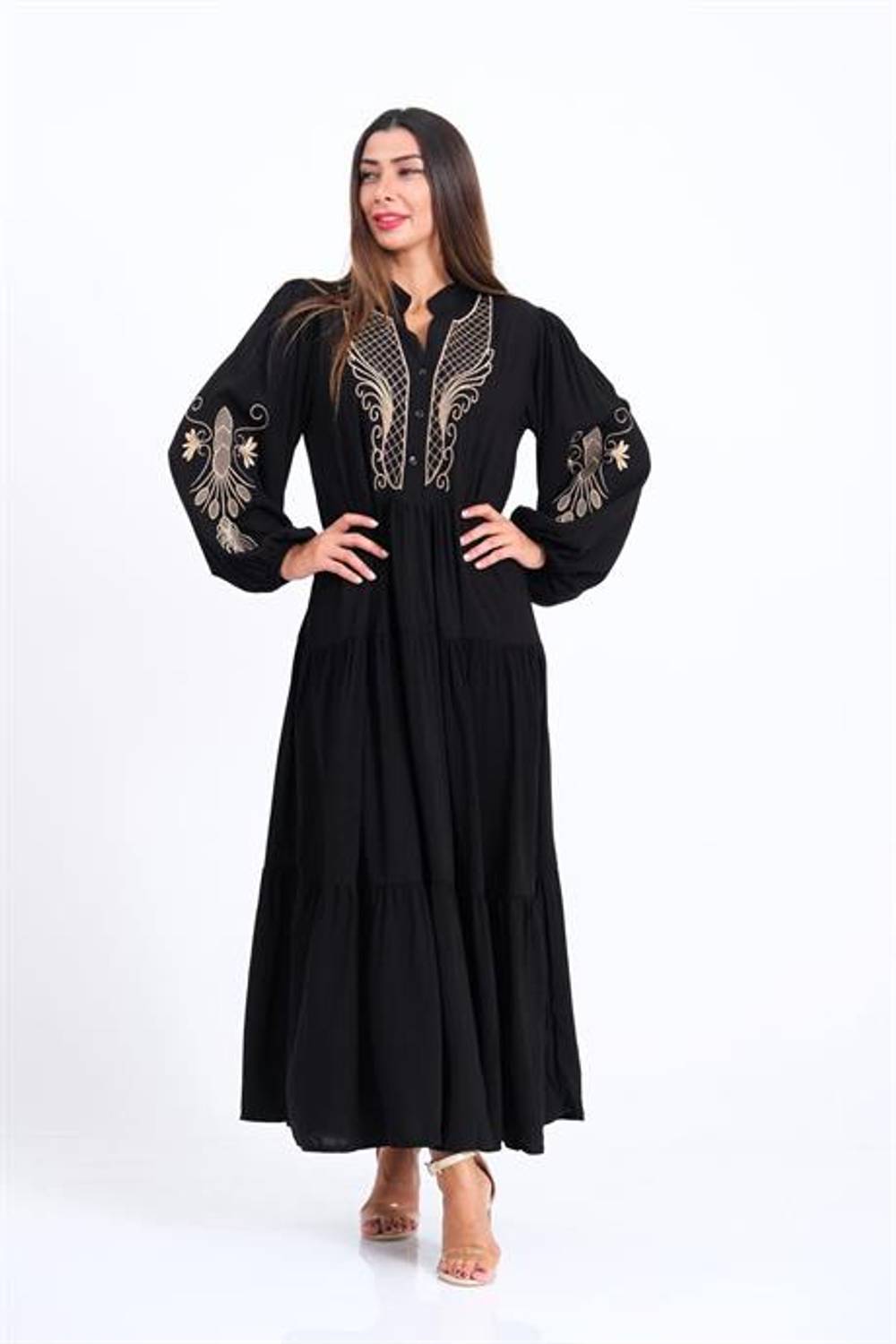 Markano Siyah Önü ve Kolları Nakışlı Balon Kol Eteği Kat Kat Uzun Elbise