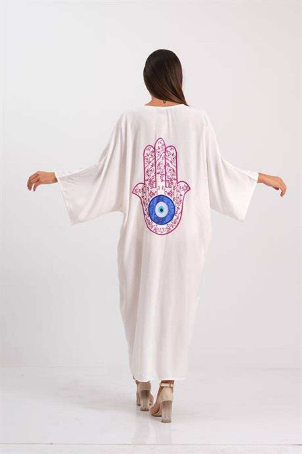 Markano White V-Neck Fatima Hand Embroidered Back Pocket Oversize Long Shirt Dress