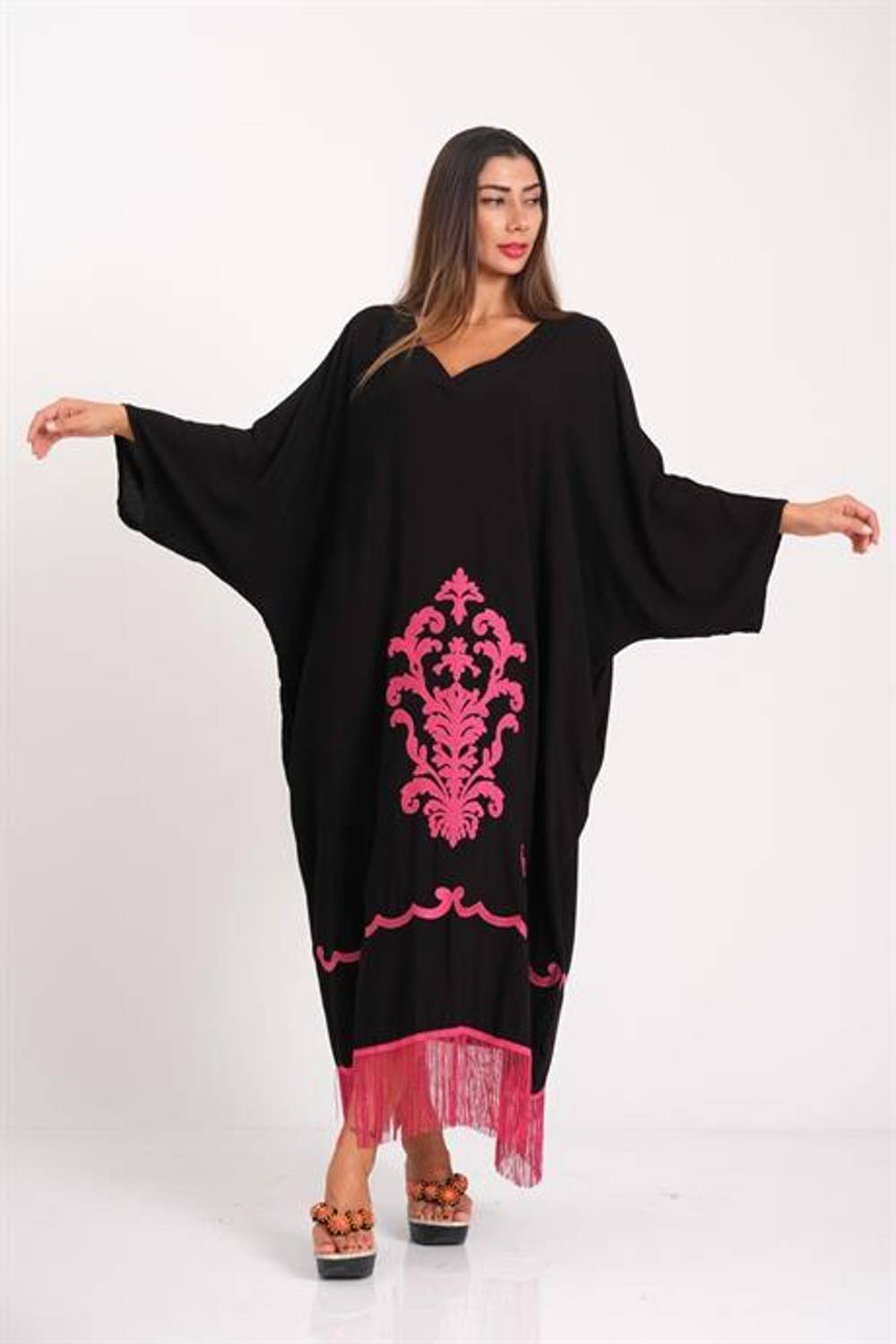 Markano Black Pink Authentic Embroidered V-Neck Skirt Tasseled Pocket Oversize Long Dress