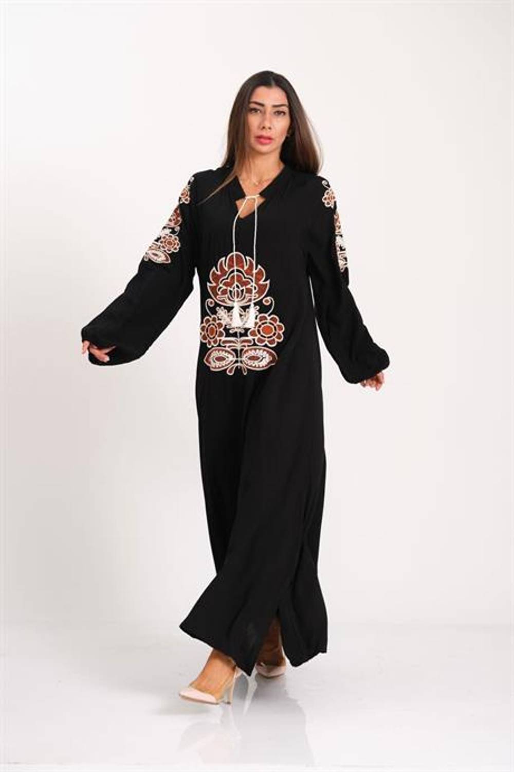 Markano Black Balloon Sleeve Long Dress with Authentic Embroidery on the Front and Sleeves