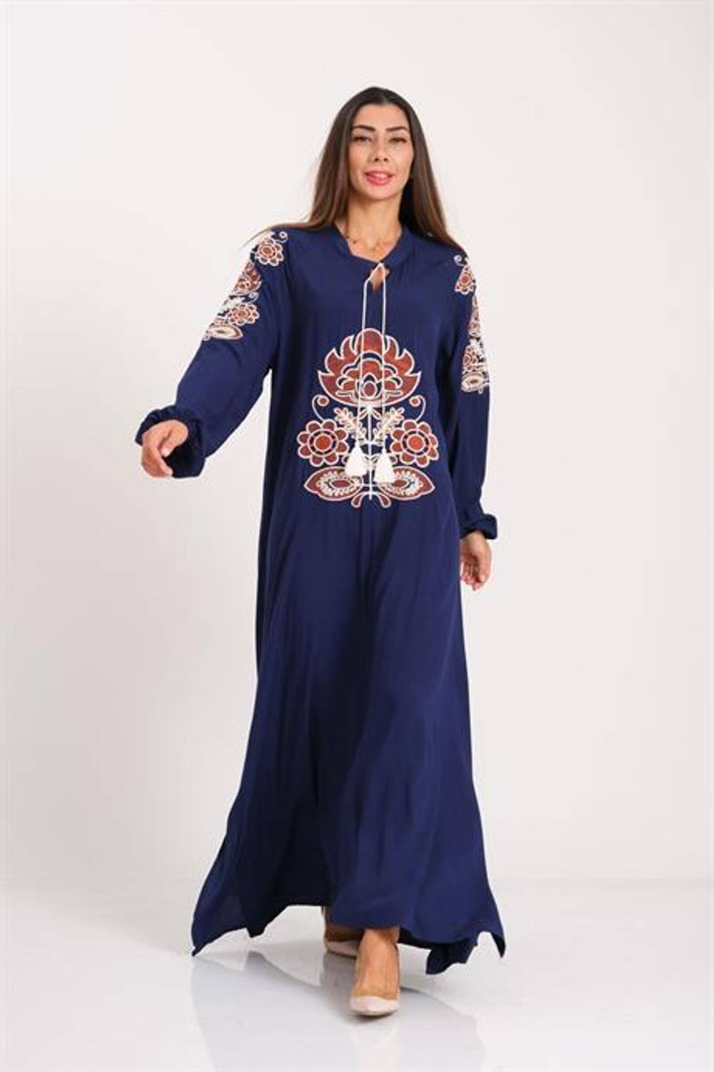 Лонг дрес з оригінальною вишивкою та в'язаними манжетами Маркано темно-синього кольору, розміри 40-46