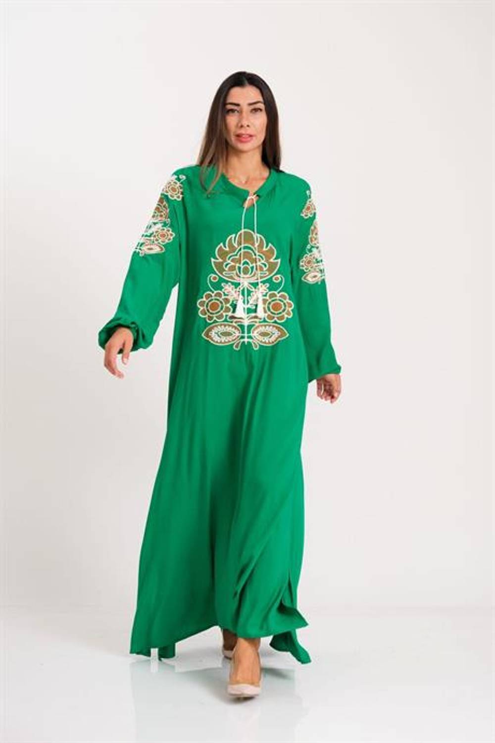 Markano Green Front and Sleeves Authentic Embroidery Tasseled Balloon Sleeve Long Dress