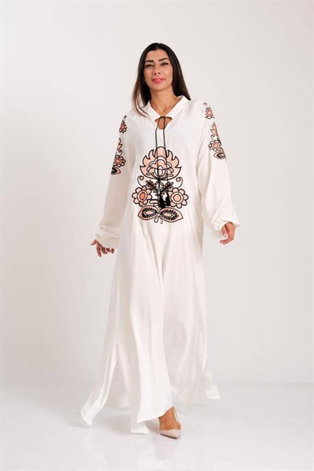Markano White Front and Sleeves Authentic Embroidery Tasseled Balloon Sleeve Long Dress