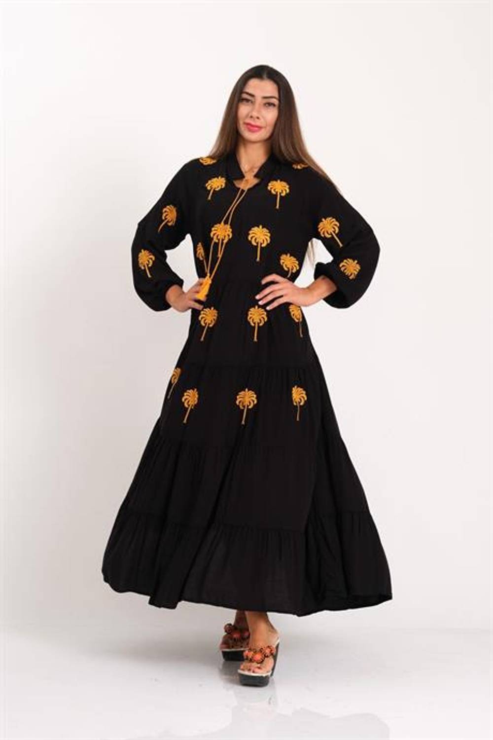 Markano Black Front and Sleeves Palm Embroidered Skirt Layered Long Dress