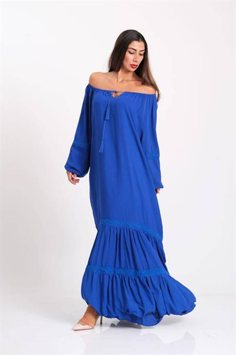 Markano Saks Mavi Carmen Yaka Balon Kol Etekleri Fistolu Oversize Uzun Elbise