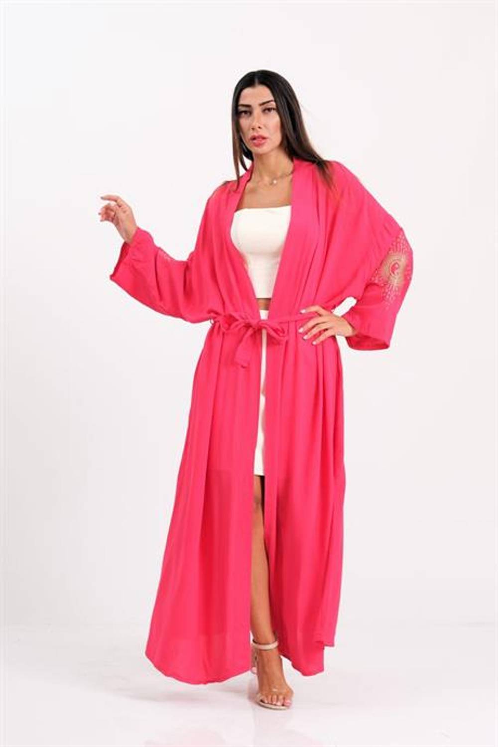 Markano Pembe Sırtı ve Kolları Nakışlı Püsküllü Uzun Kimono