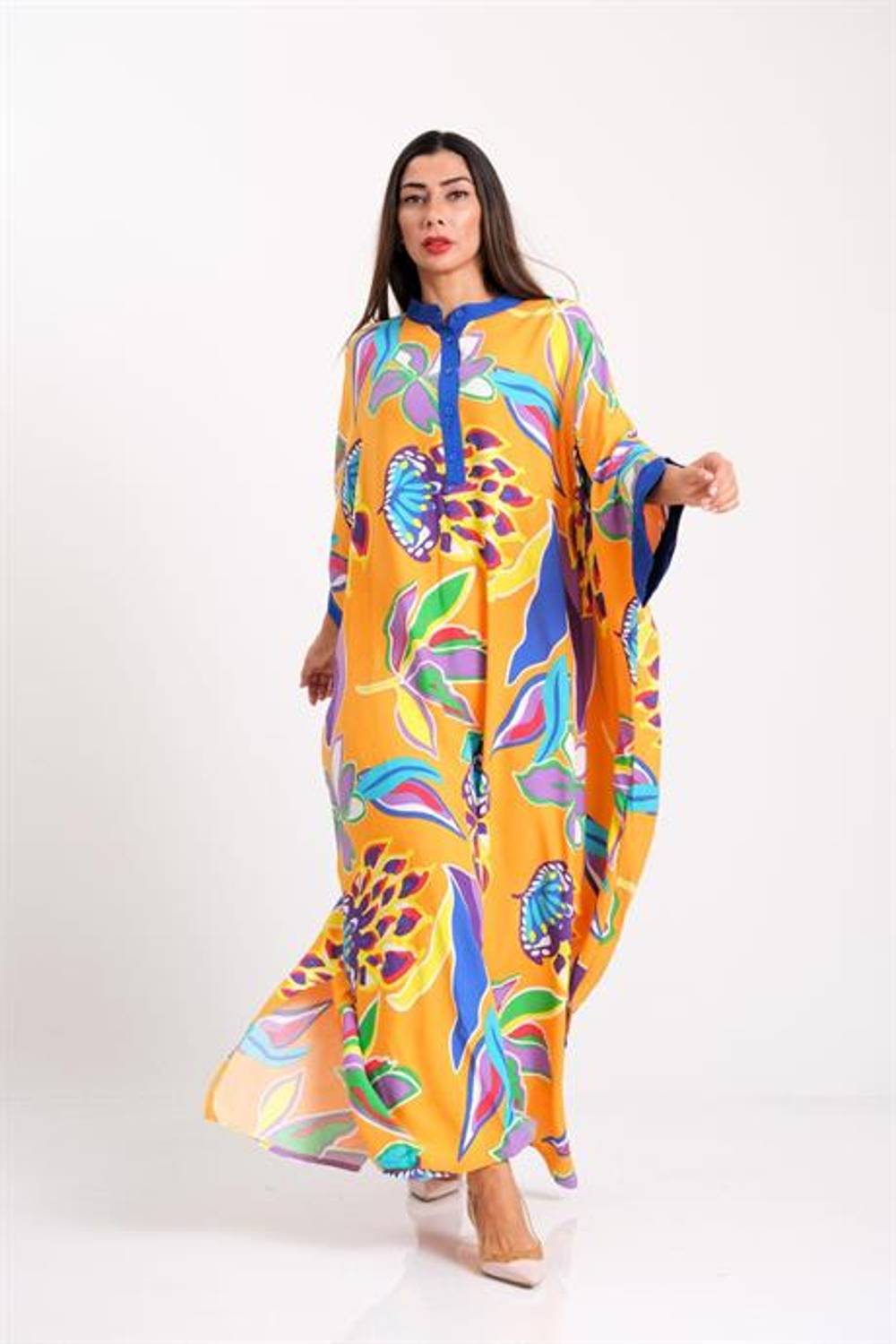 Markano Turuncu Çiçekli Sıfır Yaka Yarasa Kol Oversize Uzun Elbise