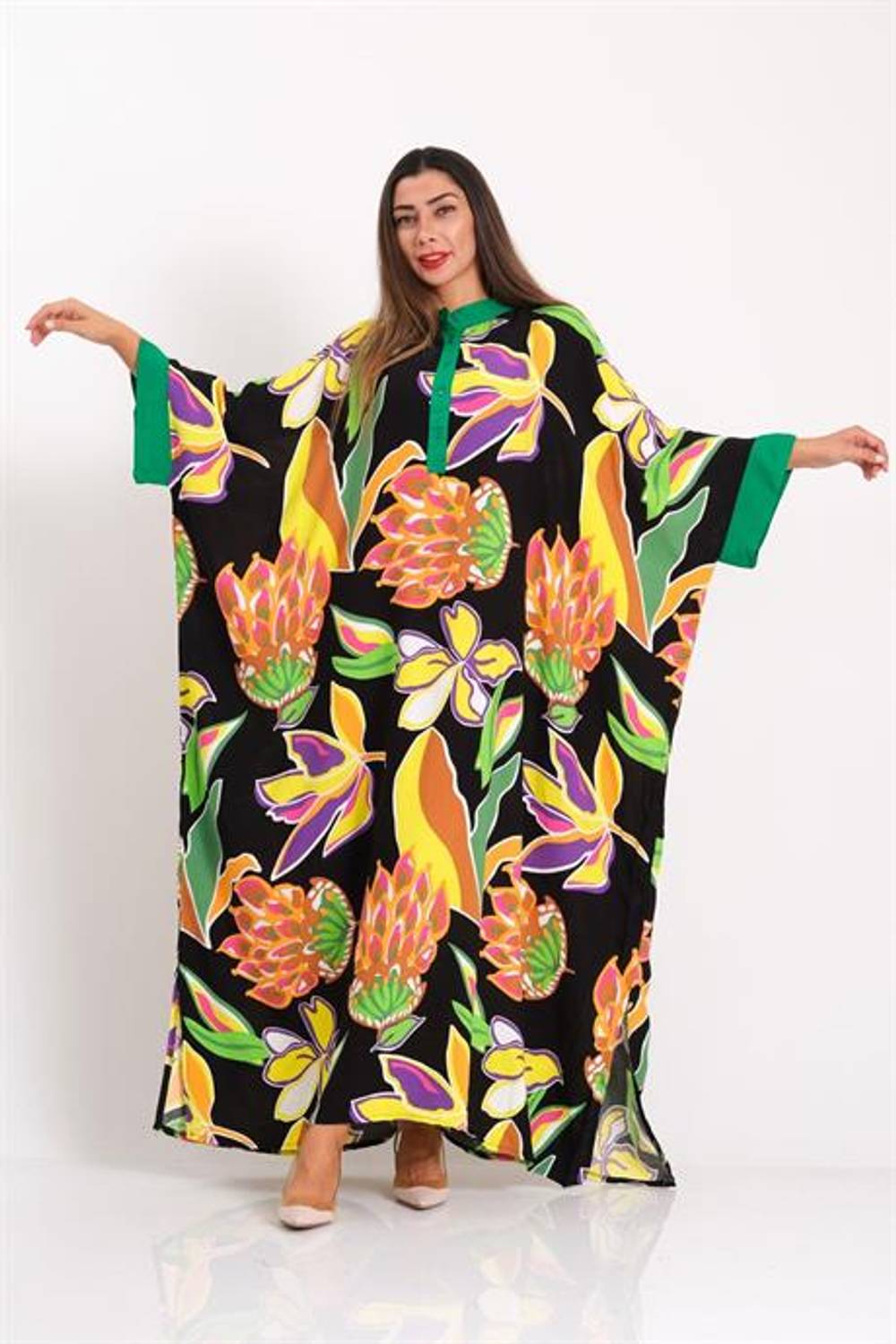 Markano Siyah Çiçekli Sıfır Yaka Yarasa Kol Oversize Uzun Elbise