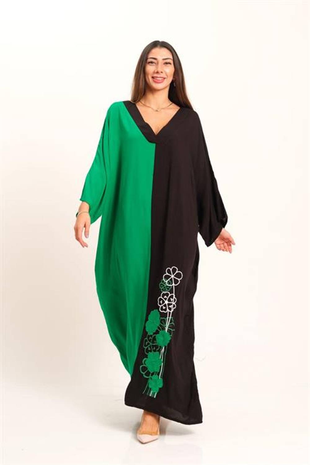Markano Yeşil Siyah Garnili V Yaka Eteği Nakışlı Cepli Oversize Uzun Elbise