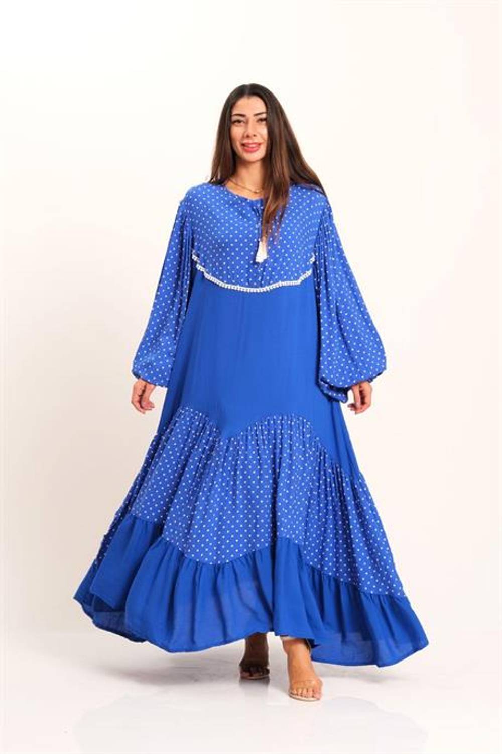 Markano Saks Mavi Balon Kol Puantiye Desen Garnili Uzun Elbise