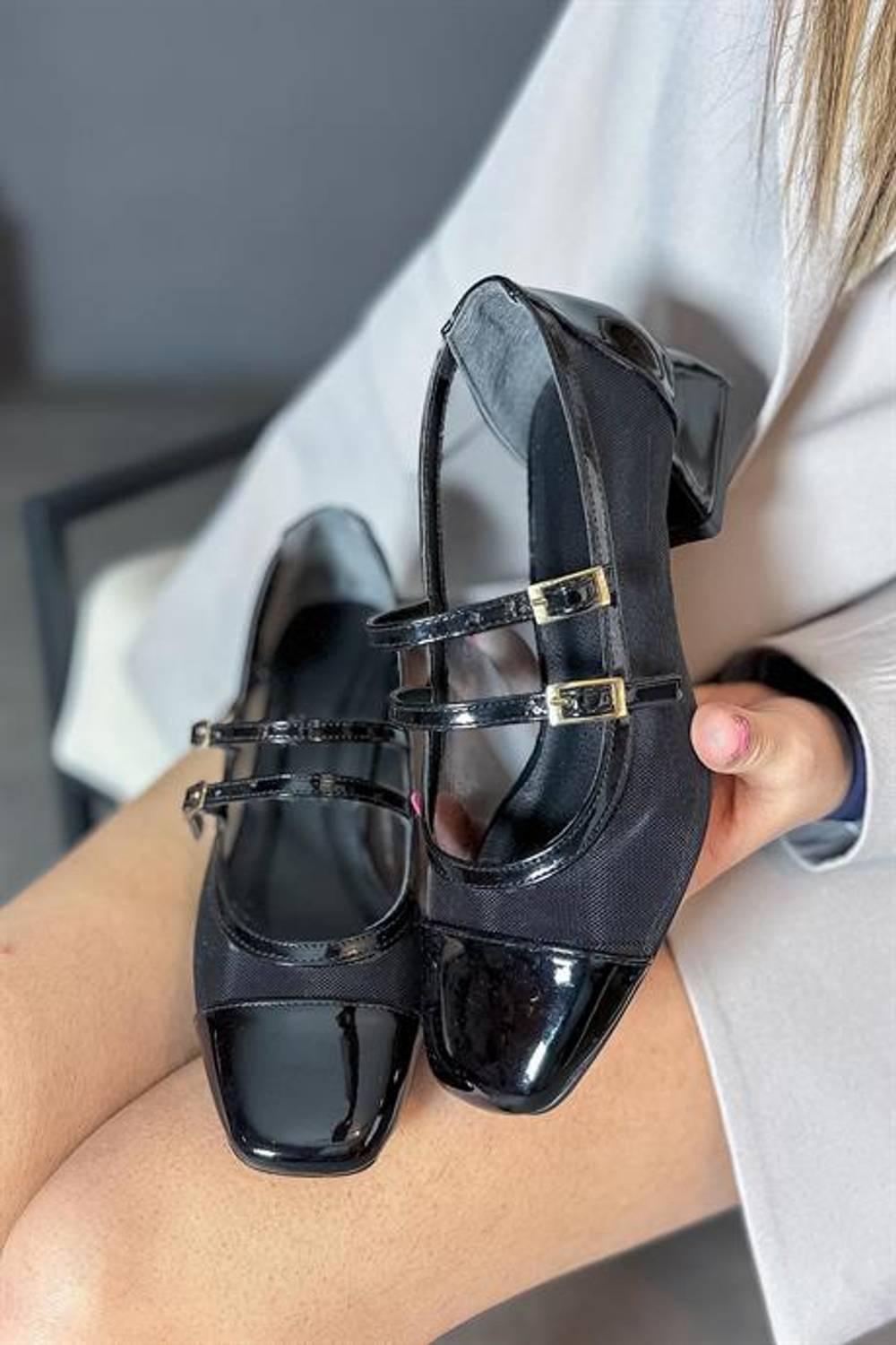 Markano Mişa Sıyah Rugan Çift Toka Detaylı Kadın Topuklu Ayakkabı