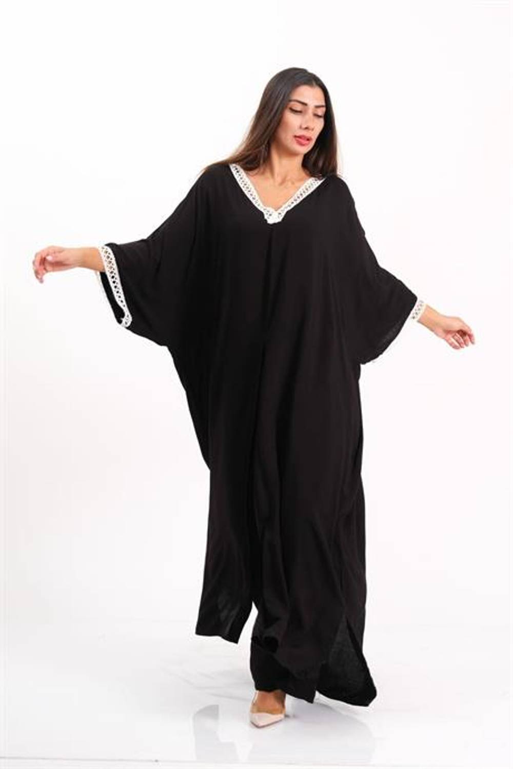 Markano Siyah V Yaka Dantel Detaylı Önden Yırtmaçlı Cepli Tunik Pantolon İkili Takım