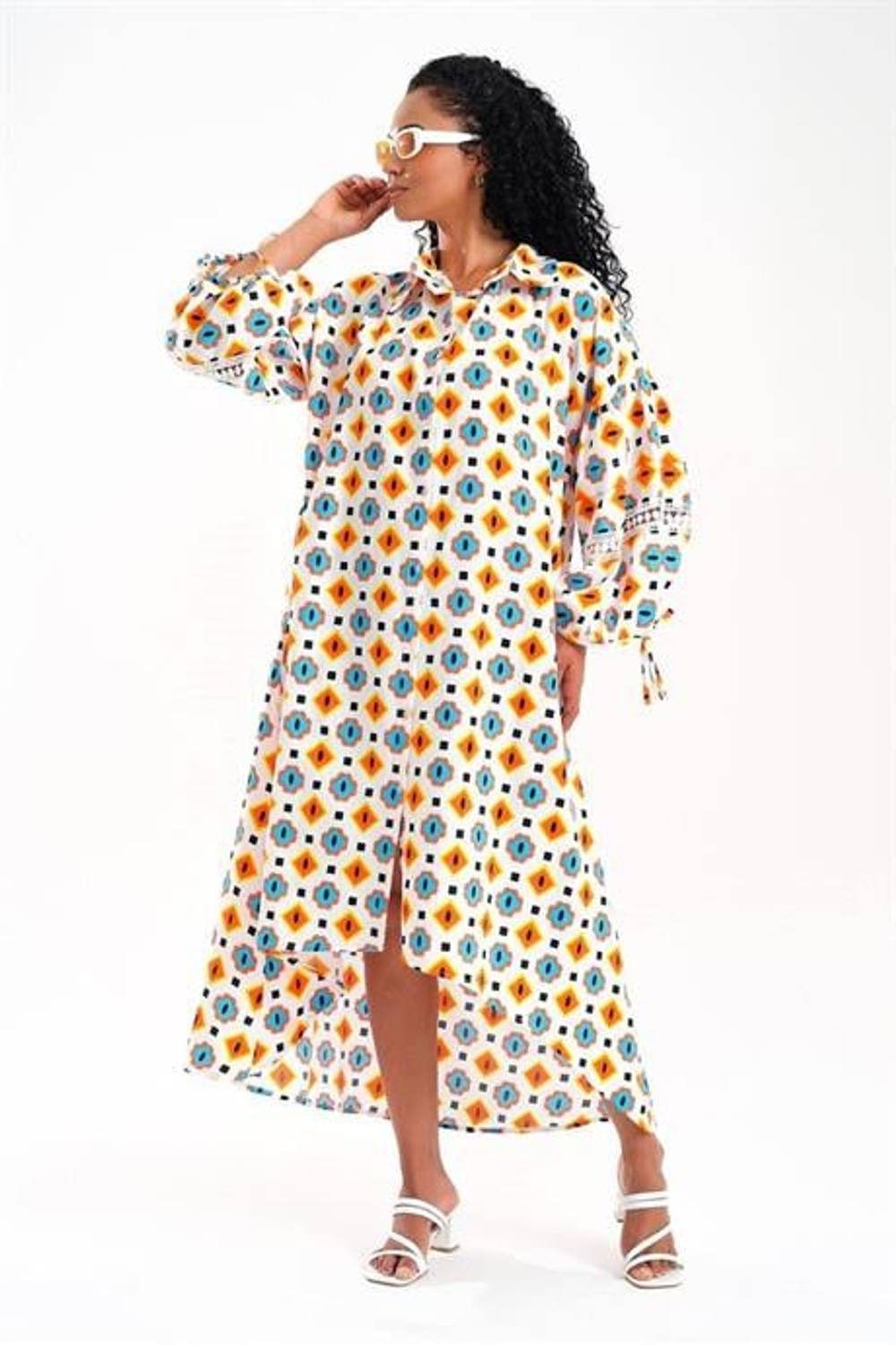 Markano Turuncu Balon Kol Sırtı ve Kolları Fisto Detaylı Gömlek Elbise