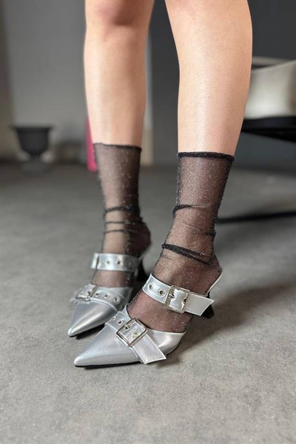 Markano Gren Gümüş Çift Tokalı Kadın Terlik