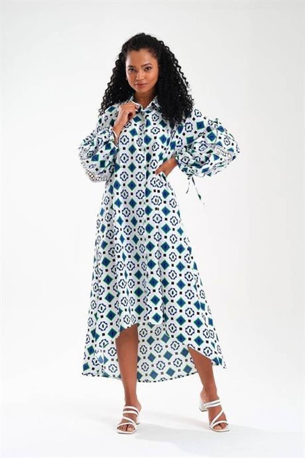 Markano Mavi Balon Kol Sırtı ve Kolları Fisto Detaylı Gömlek Elbise