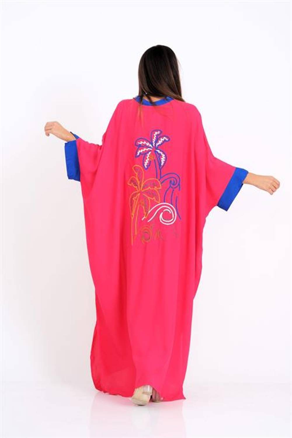 Markano Pembe Sırtı Palmiye Nakışlı Yarasa Kol Oversize Uzun Elbise