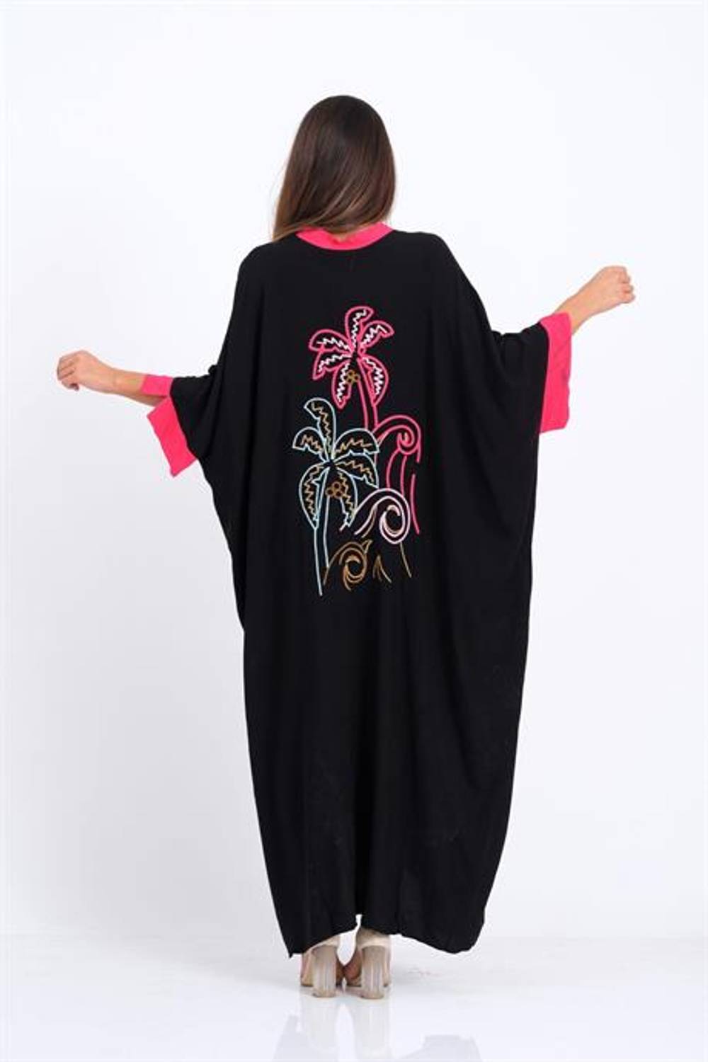Markano Siyah Sırtı Palmiye Nakışlı Yarasa Kol Oversize Uzun Elbise