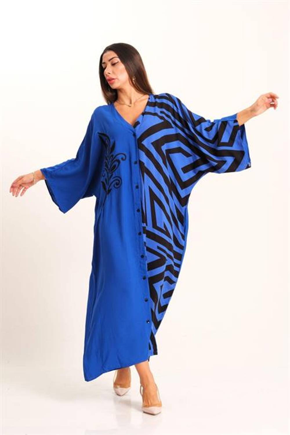 Markano Saks Mavi Desenli Garnili V Yaka Yarasa Kol Cepli Oversize Uzun Gömlek Elbise