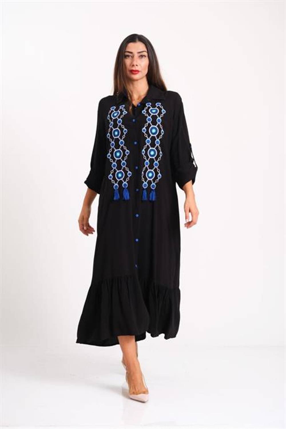 Markano Siyah Önü Nazar Boncuğu Nakışlı Püsküllü Kolu Apoletli Eteği Fırfırlı Uzun Gömlek Elbise