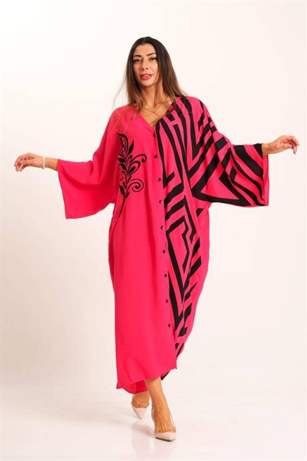 Markano Fuşya Desenli Garnili V Yaka Yarasa Kol Cepli Oversize Uzun Gömlek Elbise