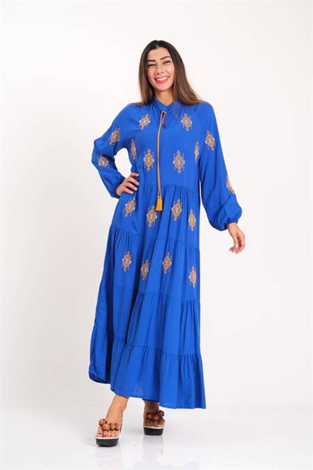 Markano Saks Mavi Önü ve Kolları Otantik Nakışlı Eteği Kat Kat Uzun Elbise