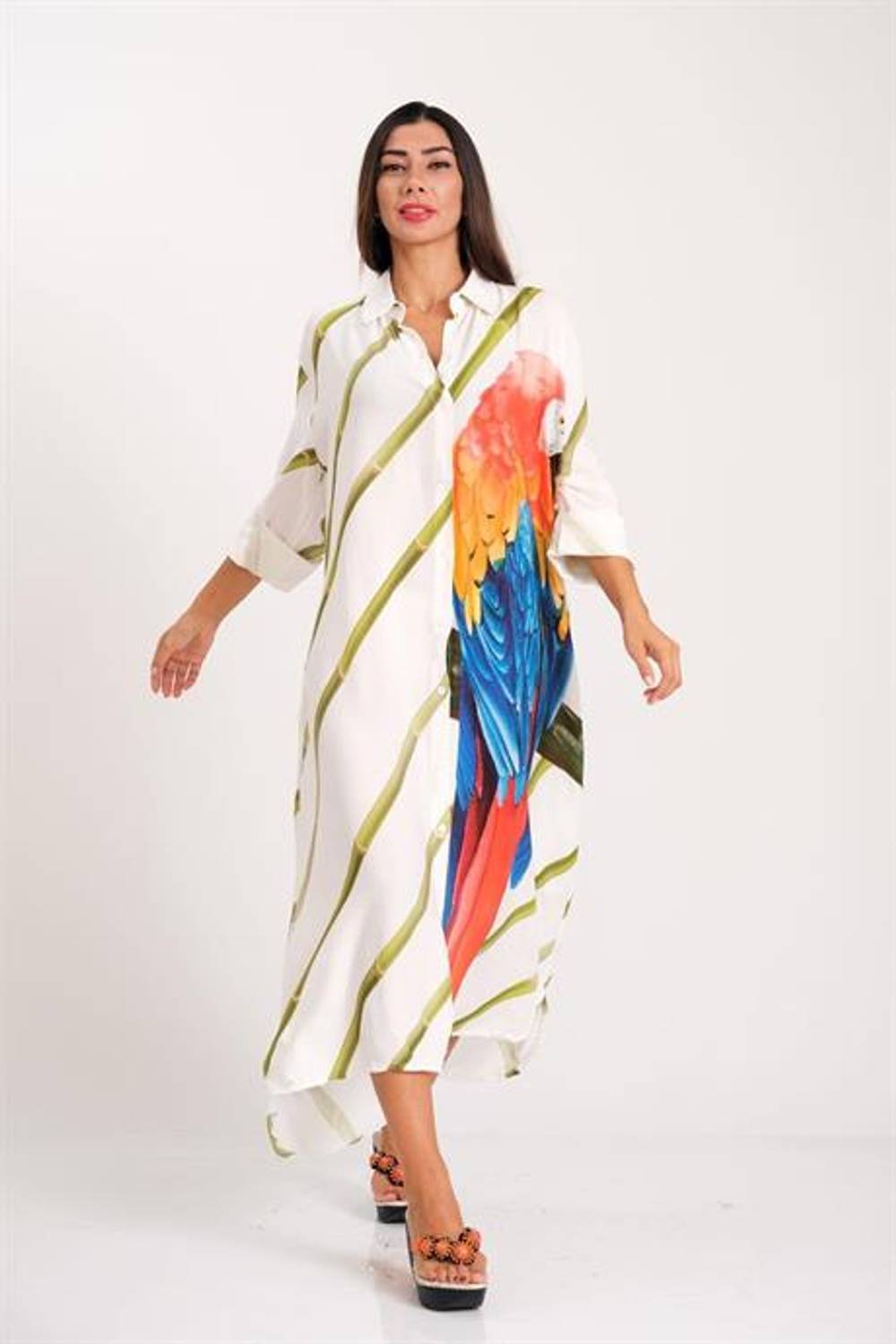 Markano Yeşil Çizgili Papağan Desenli Kolları Apoletli Cepli Uzun Gömlek Elbise