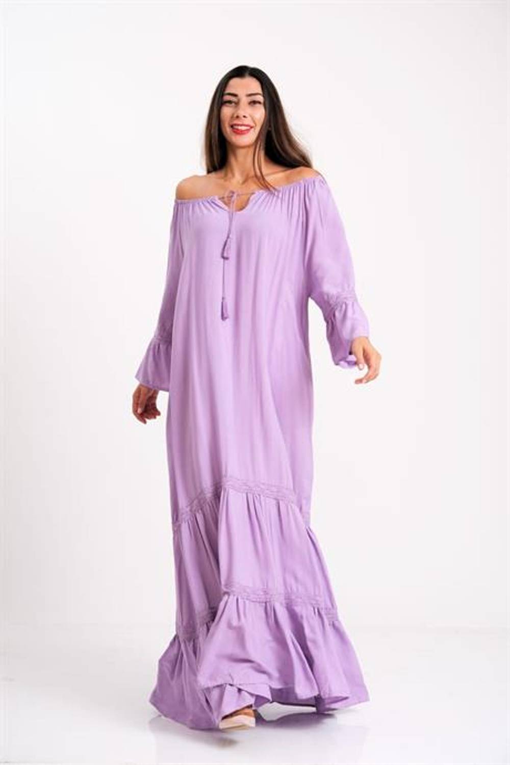 Markano Lila Carmen Yaka Fırfırlı Kol Etekleri Fistolu Oversize Uzun Elbise